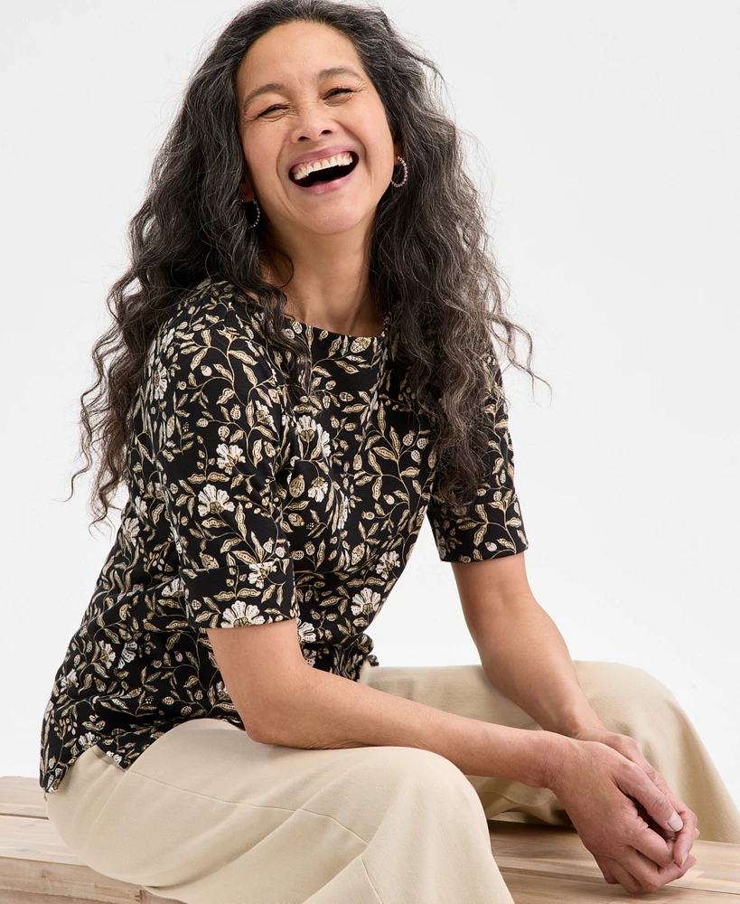 Style & Co Women's Printed Boat-Neck Elbow-Sleeve Top, Exclusively at Macy's