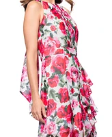 Betsy & Adam Petite Floral-Print Ruffled Gown