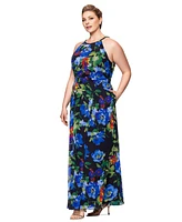 Betsy & Adam Plus Floral-Print Halter Gown