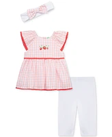 Little Me Baby Girls 3-Pc. Strawberry Check Top, Leggings & Headband Set