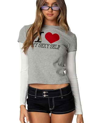 Edikted Womens I Heart Me Layered Long Sleeve T Shirt