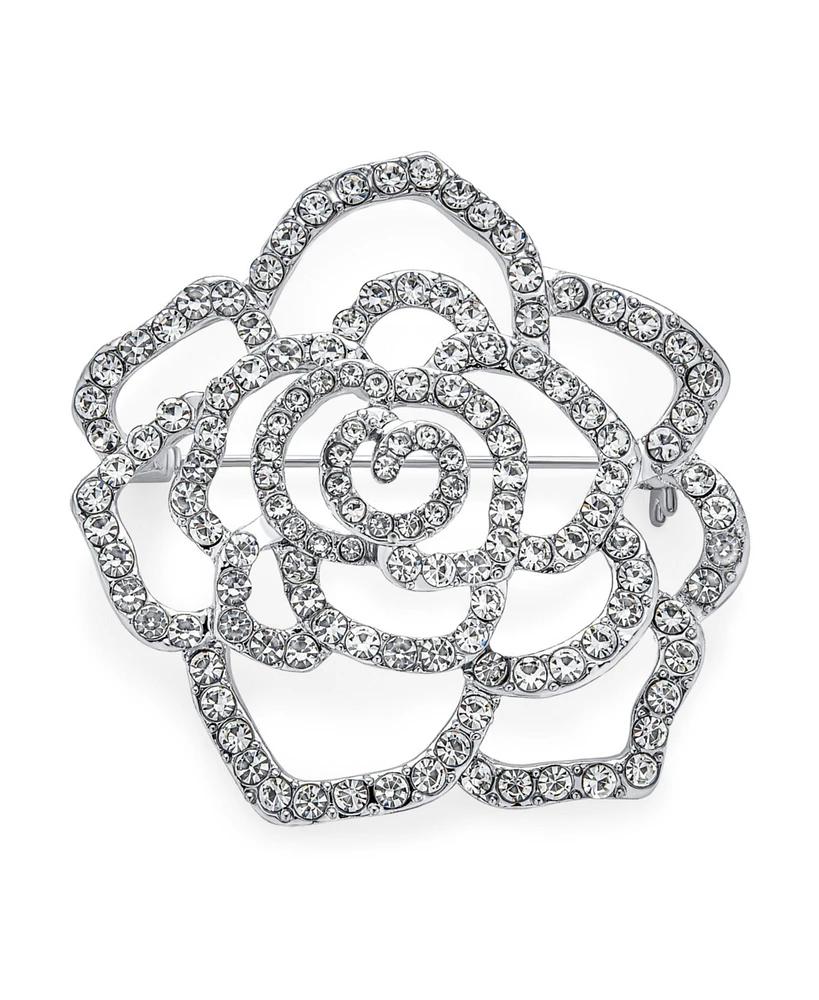 Bling Jewelry Sparkling Rose Flower Brooche Pin with Crystals Silver Tone Rhodium Plated