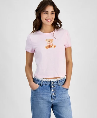 Rebellious One Juniors' Teddy Bear Bow Mineral Wash Graphic T-Shirt