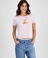 Rebellious One Juniors' Teddy Bear Bow Mineral Wash Graphic T-Shirt