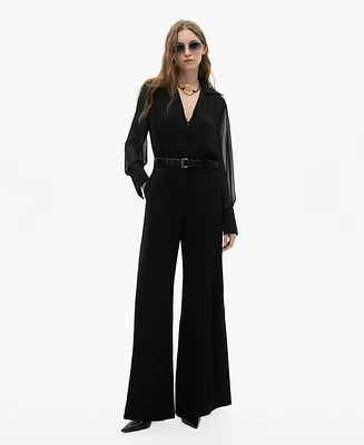 Mango Women's Semi-Transparent Sleeves and Belted Jumpsuit