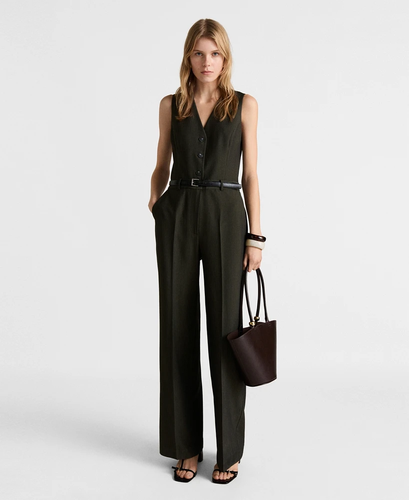 Mango Women's Belted Pinstripe Jumpsuit