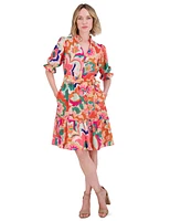 Eliza J Petite Printed V-Neck Elbow-Sleeve Tie-Waist Dress