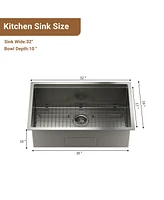 32'' Stainless Steel Kitchen Sink Faucet Set, and Pull-Down with Cutting Board, Roller Blind, Drain Basket, Grid