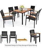 Gymax 7PCS Rattan Outdoor Dining Set Patio Furniture Set w/ Wooden Tabletop