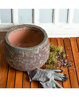 14" Lava Finish Ceramic Plant Pot - Features 1 Drainage Hole - 3.05 Gal Soil Capacity - Green Distressed Ceramic
