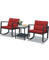Gymax 3PCS Rattan Rocking Chair Table Set Patio Furniture Set with Cushions