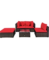 Gymax 5PCS Rattan Sectional Sofa Set Patio Furniture Set w/ Red Cushion Pillow