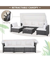 Gymax 6 Pcs Pe Rattan Patio Furniture Set w/ Tempered Glass Table and Retractable Canopy