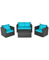 Gymax 4PC Rattan Patio Furniture Set Outdoor Wicker With Turquoise Cushion