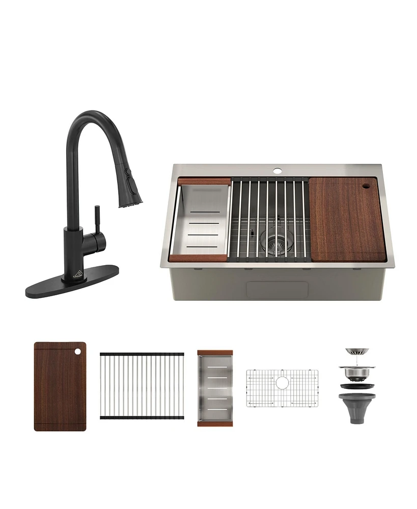 33'' Stainless Steel Kitchen Sink Faucet Sets, Kitchen Undermount Single Bowl with Cutting Board, Roller Blind, Drain Basket, Drain Grid and Drainer