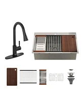 33'' Stainless Steel Kitchen Sink Faucet Sets, Kitchen Undermount Single Bowl with Cutting Board, Roller Blind, Drain Basket, Drain Grid and Drainer