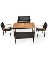 Gymax 5PCS Rattan Outdoor Dining Set Patio Furniture Set w/ Wooden Tabletop