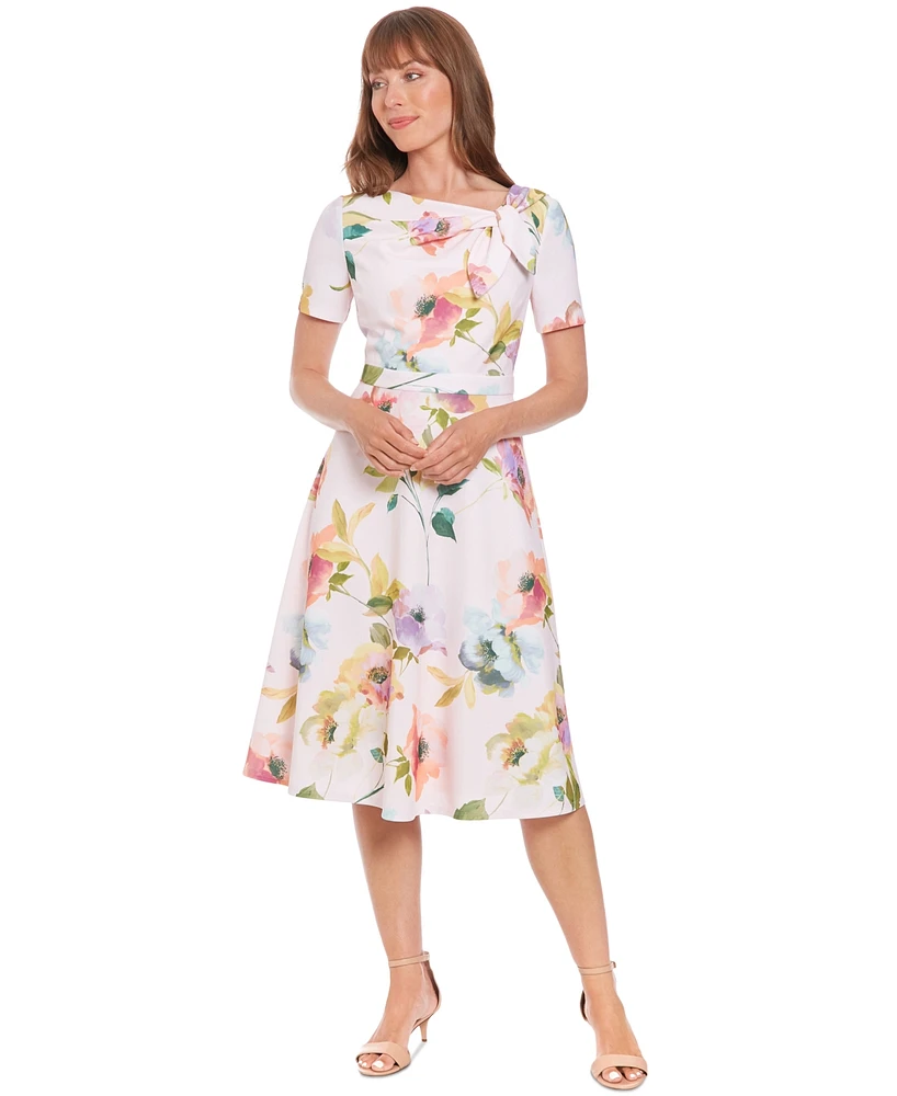 London Times Petite Printed Tie-Neck Fit & Flare Dress