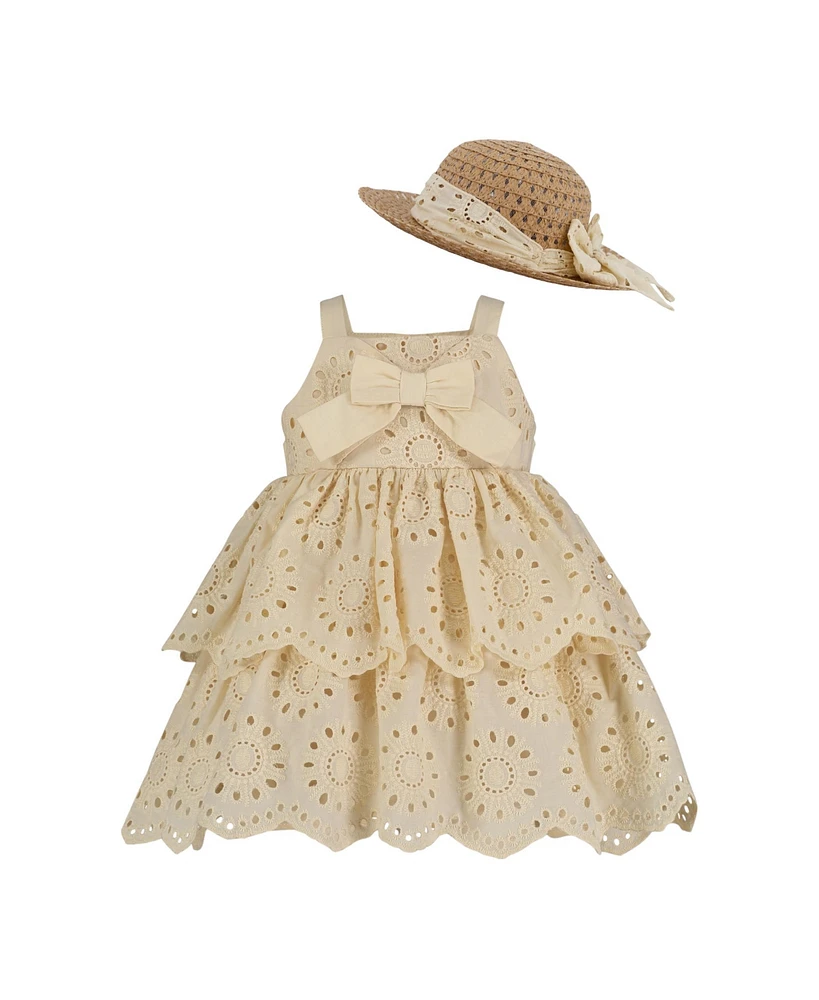 Blueberi Boulevard Baby Girls 2-Piece Linen Layered Sundress and Sunhat Set