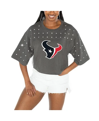 Gameday Couture Women's Gray Houston Texans All-Over Rhinestone Cropped Oversized T-Shirt