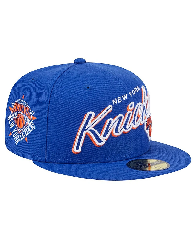 New Era Men's Blue York Knicks Sport Night Script Sided 59FIFTY Fitted Hat