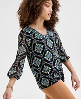 Jm Collection Petite Artisan Medallion-Print Embellished Top, Exclusively at Macy's