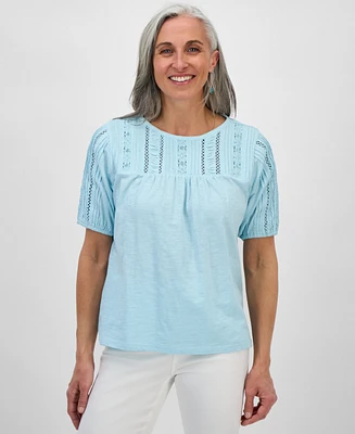 Style & Co Petite Solid Applique Cotton Short-Sleeve Blouse, Exclusively at Macy's