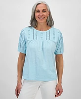 Style & Co Petite Solid Applique Cotton Short-Sleeve Blouse, Exclusively at Macy's