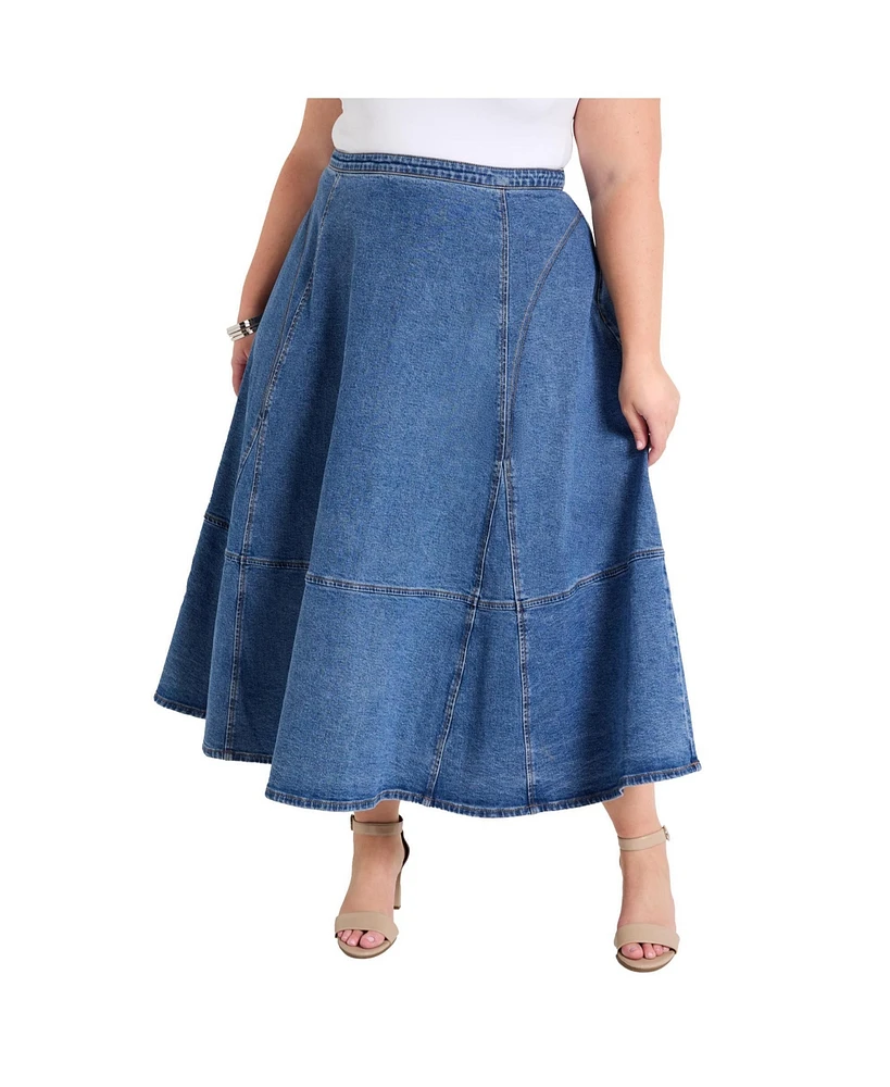 June + Vie Women's Plus Fit-And-Flare Denim Midi Skirt