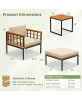 Gymax 5 Pcs Acacia Wood Patio Furniture Set w/ Ottomans Soft Cushions & Coffee Table