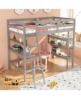 Loft Bed with Desk and Bookshelves for Kids Teens