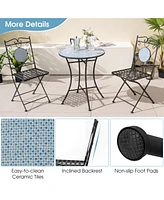 Gymax 3 Pcs Patio Bistro Set Outdoor Patio Furniture Set w/ 1 Mosaic Round Table & 2 Folding Chairs