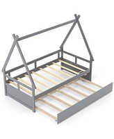 Playful House Bed with Trundle and Secure Guardrail for Children