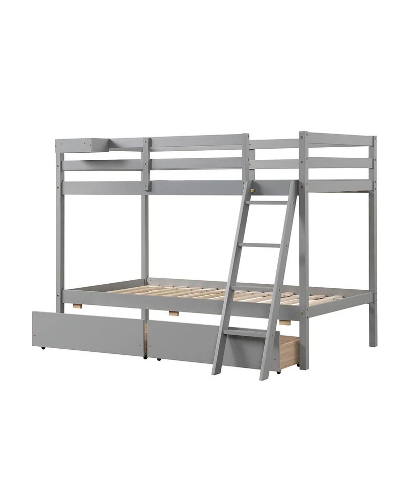 Durable Wooden Bunk Bed Frame with Built-In Storage Drawers and Ladder for Small Bedrooms