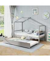 Wooden House Bed with Trundle and Playful Roof Design
