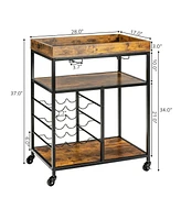 3-Tier Wood Rolling Kitchen Serving Cart with 9-Bottle Wine Rack for Convenient Storage and Serving