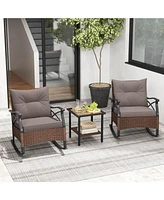3 Pcs Patio Rocker Set with 2-Tier Coffee Table & Soft Seat Back Cushions Outdoor