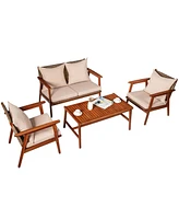 4 Pieces Acacia Wood Patio Rattan Furniture Set with Zippered Cushions