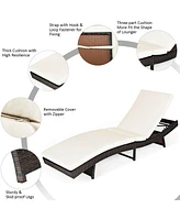 2PCS Patio Rattan Folding Lounge Chair Chaise Adjustable White Cushion