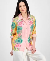 T Tahari Women's Printed Button-Front Long-Sleeve Shirt