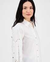 T Tahari Women's Button-Front Embroidered-Sleeve Shirt