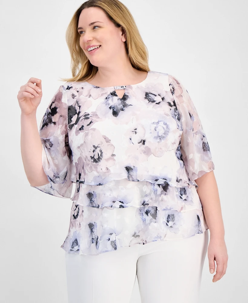 Alex Evenings Plus Tiered Floral Chiffon Top