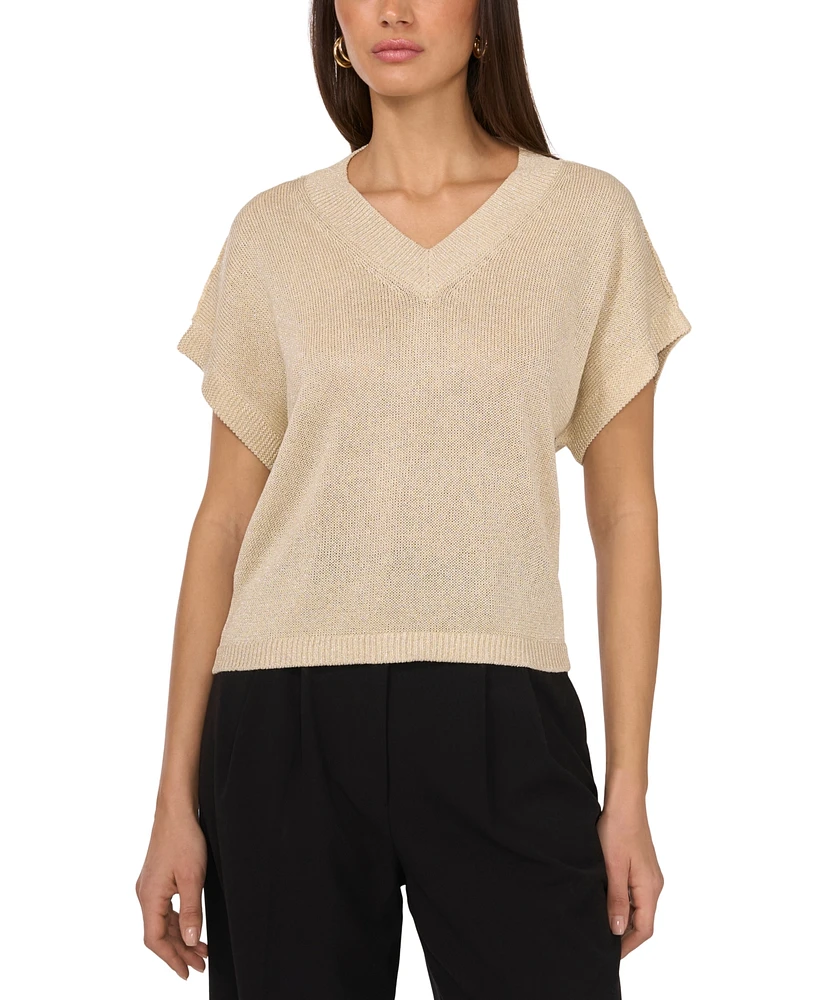 Vince Camuto Women's V-Neck Shine Short-Sleeve Sweater