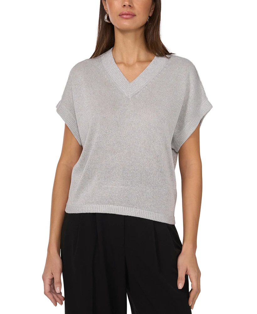 Vince Camuto Women's V-Neck Shine Short-Sleeve Sweater
