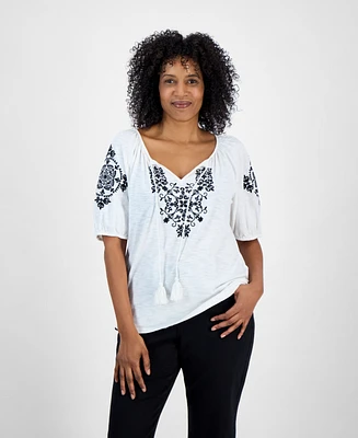 Style & Co Women's Petite Embroidered Split-Neck Tasseled-Tie Top, Exclusively at Macy's
