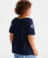 Style & Co Women's Embroidered Split-Neck Tasseled-Tie Top, Exclusively at Macy's