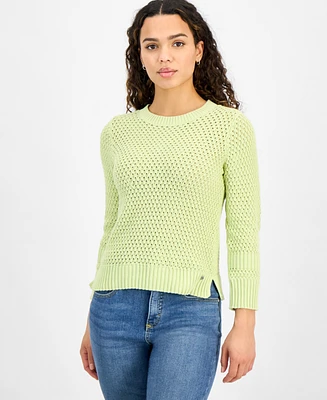 Dkny Jeans Petite Cotton Open-Stitch Vented-Hem Sweater