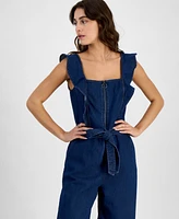 Tinseltown Juniors' Square-Neck Ruffle-Strap Wide-Leg Jumpsuit