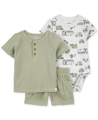 Carter's Baby Boys 3-Pc. Printed Bodysuit, Thermal Henley T-Shirt & Shorts Set