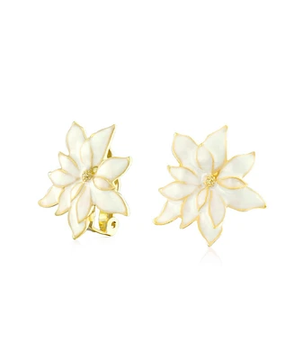 Bling Jewelry Large Statement Poinsettia Brooch Clip-On Earrings Set White Red Enamel Holiday